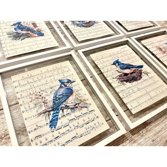 Blue Jay Bird Sheet Music 8x10 Wall Collage Artwork Picture Prints, Set of 6 - Picture 3 of 5